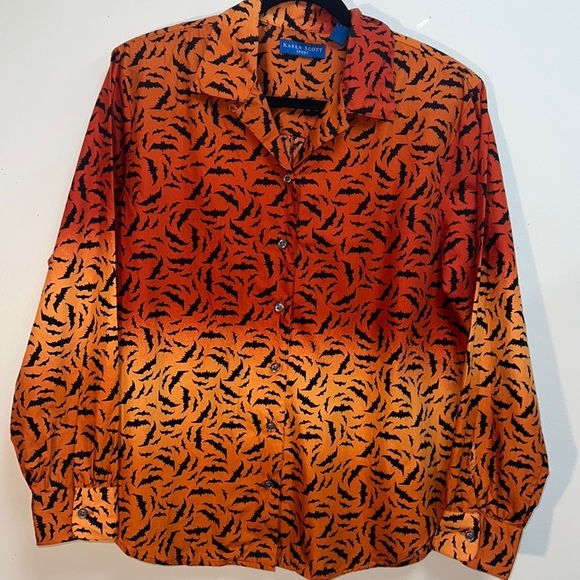 Karen Scott Vintage Holiday Halloween Bat Spooky Orange Ombré Creepy Top - Picture 1 of 5